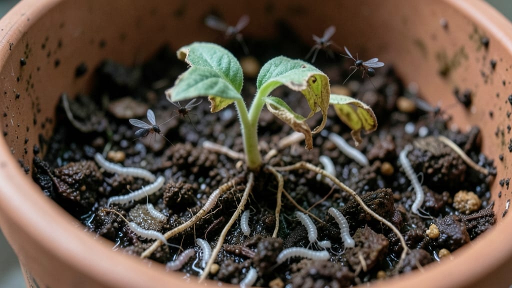 Fungus Gnats: Dark Winged Adults with Larvae Feeding on Roots